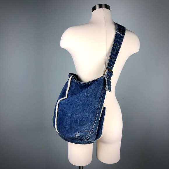 Gap 1969 Blue Denim Shearling Hobo Bag Jean Purse - Picture 6 of 14